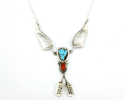 Navajo Arnold Malorey .925 Silver Turquoise & Coral Feather Necklace