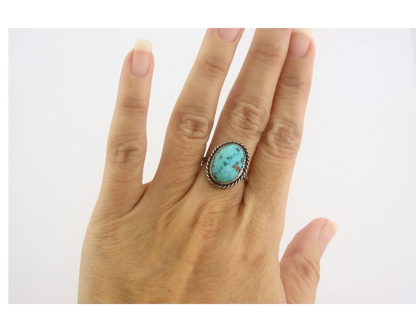 Navajo Ring 925 Sterling Natural Turquoise Native Artist C.80's Size 7.0