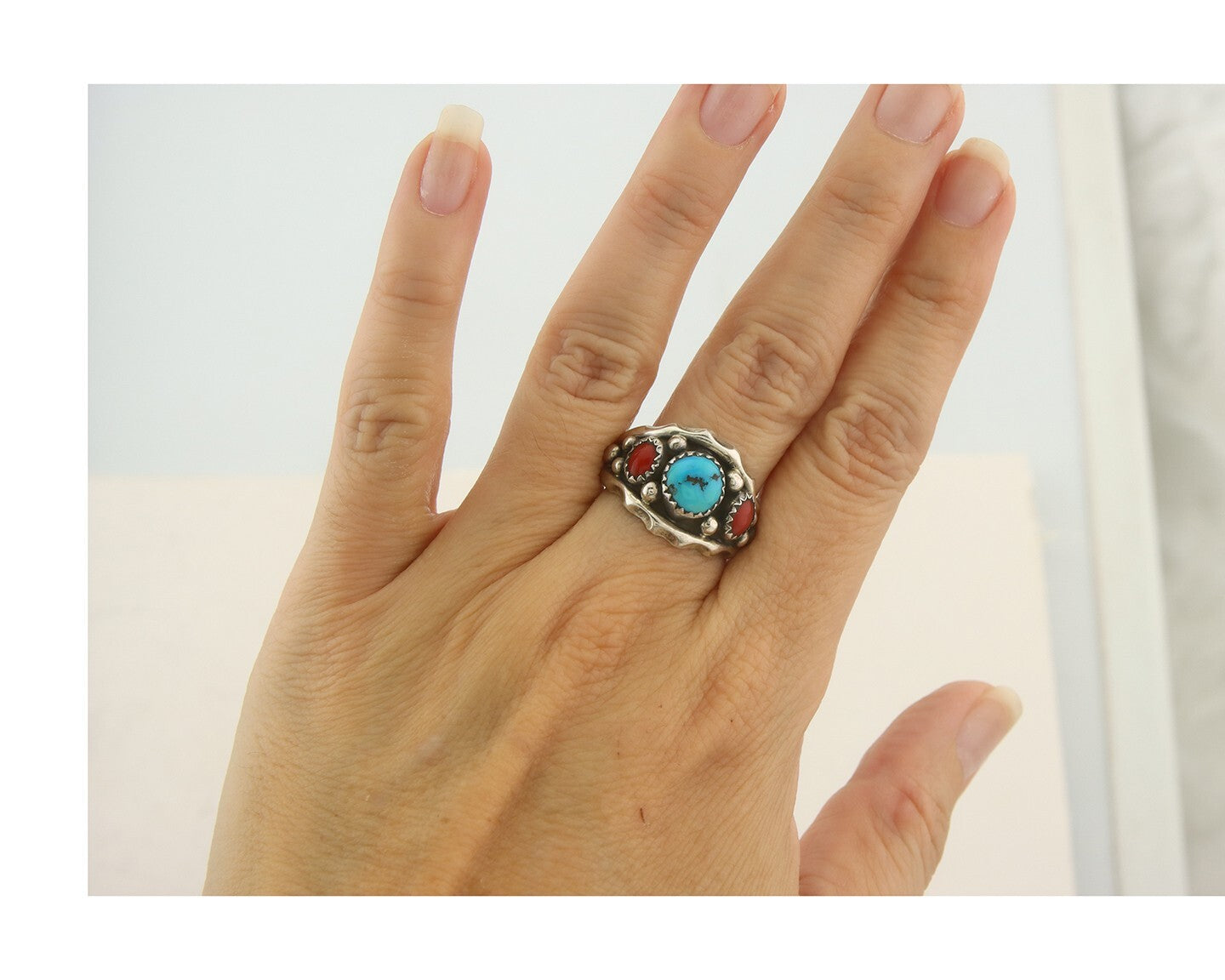 Navajo Ring 925 Sterling Natural Coral & Turquoise Signed SC C.80's Size 8.25