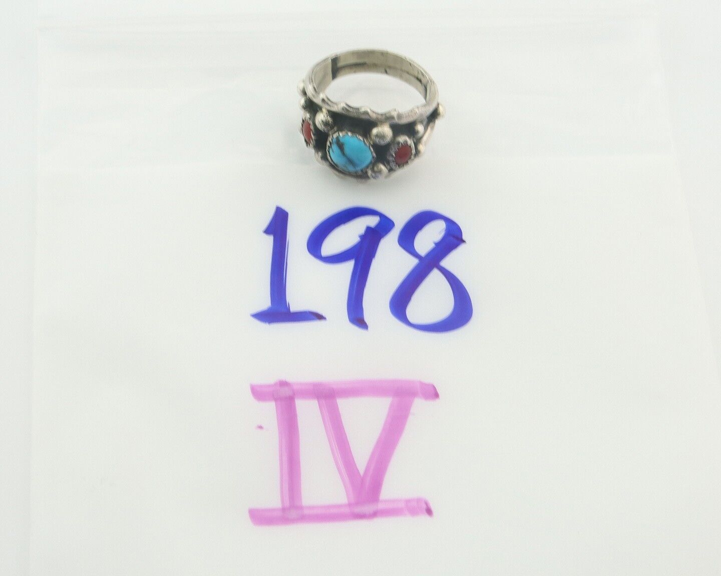 Men Navajo Ring 925 Sterling Natural Coral & Turquoise Signed C C.80's Size 8.0