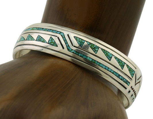 Navajo Inlay Bracelet 925 Silver Kingman Turquoise Signed Stanley Bain C.80's