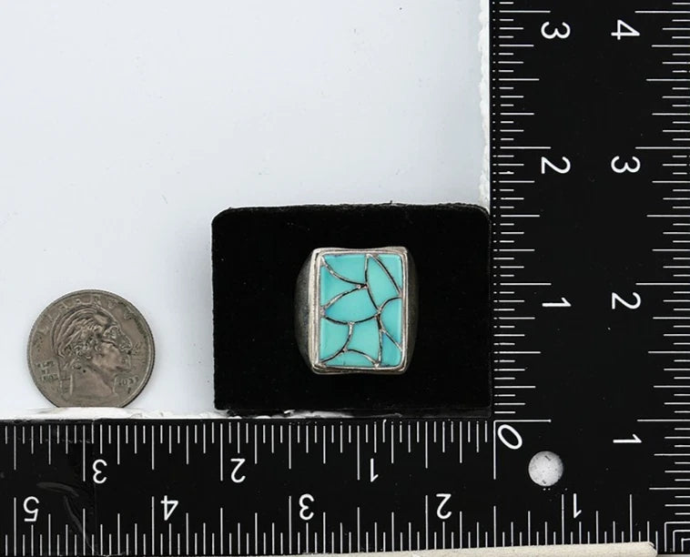 Men Zuni Ring Sterling Silver Natural Turquoise Vintage Signed ELB Size 12