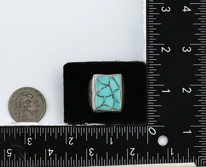 Men Zuni Ring Sterling Silver Natural Turquoise Vintage Signed ELB Size 12