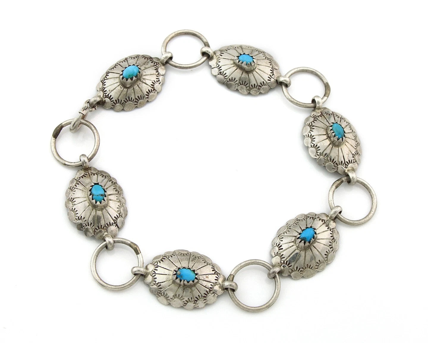 Navajo Concho Bracelet Sterling Silver Turquoise Hand Stamped Signed A.J.