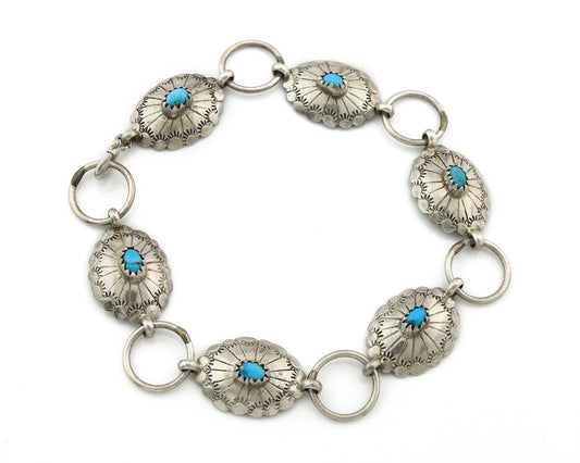 Navajo Concho Bracelet Sterling Silver Turquoise Hand Stamped Signed A.J.