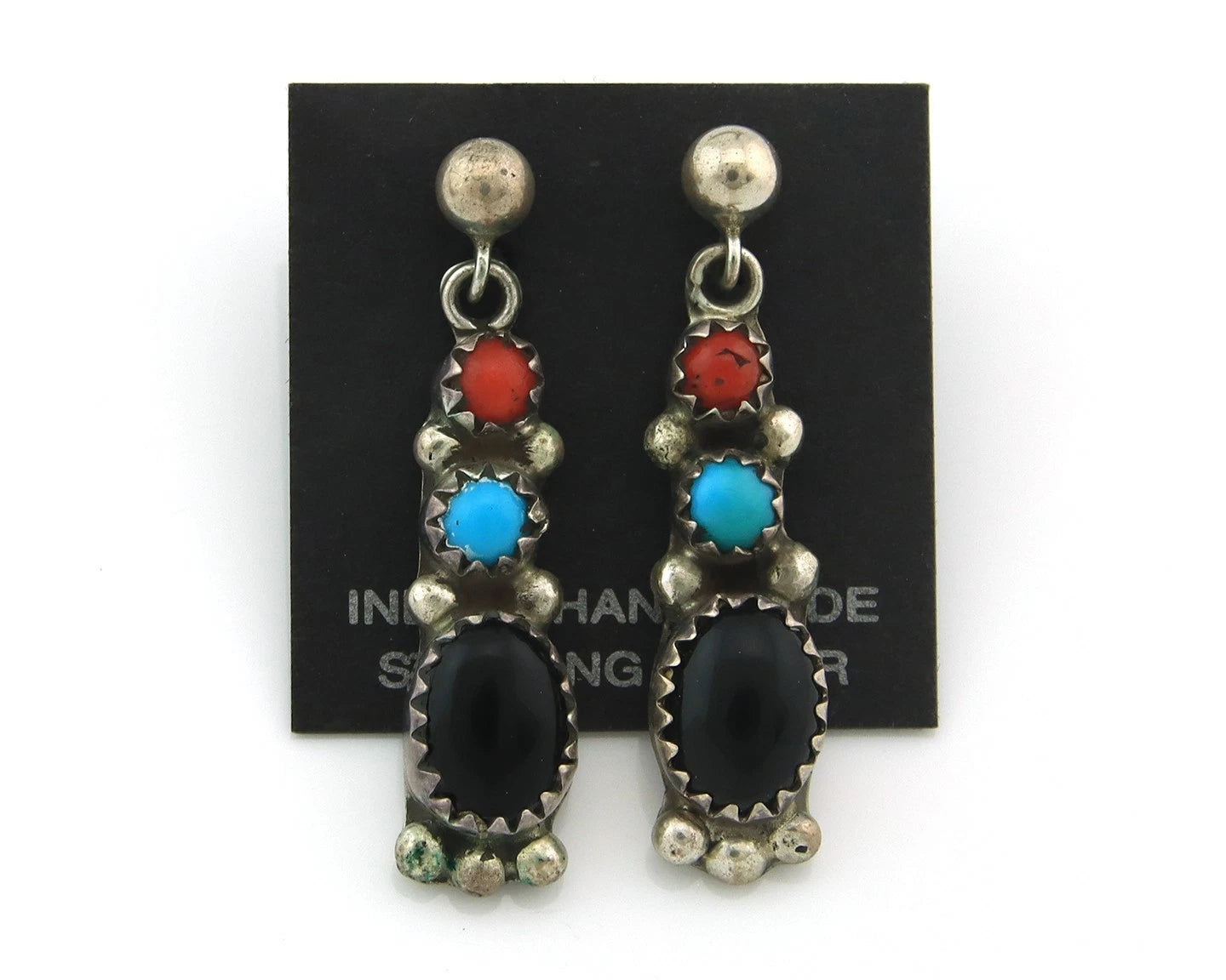 Navajo Dangle Earrings Sterling Silver Natural Gemstones Vintage Handmade