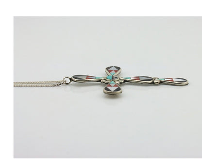 Zuni Cross Pendant 925 Silver Natural Gemstone Zeno & Maryann Edaaki C.80's