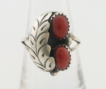 Navajo Handmade Ring 925 Silver Natural Mediterranean Coral Signed 88 C.80's