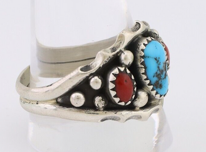 Navajo Ring 925 Silver Coral Turquoise Artist Signed SC C.80's
