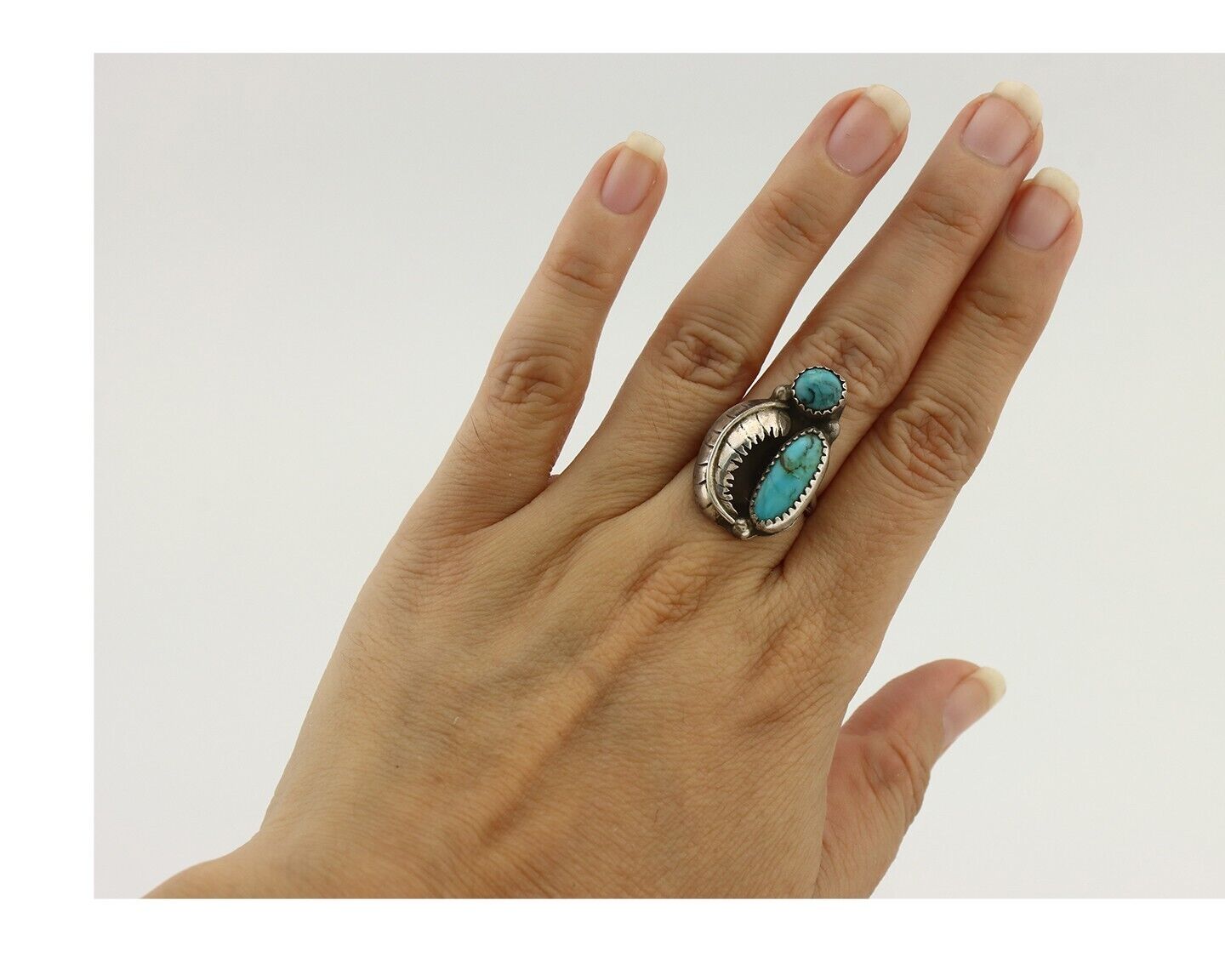 Navajo 2 Stone Ring 925 Silver Kingman Turquoise Native American Artist C.80's