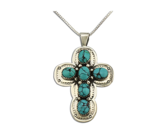 Zuni Cross Pendant 925 Silver Spiderweb Turquoise Native American Artist C.80's