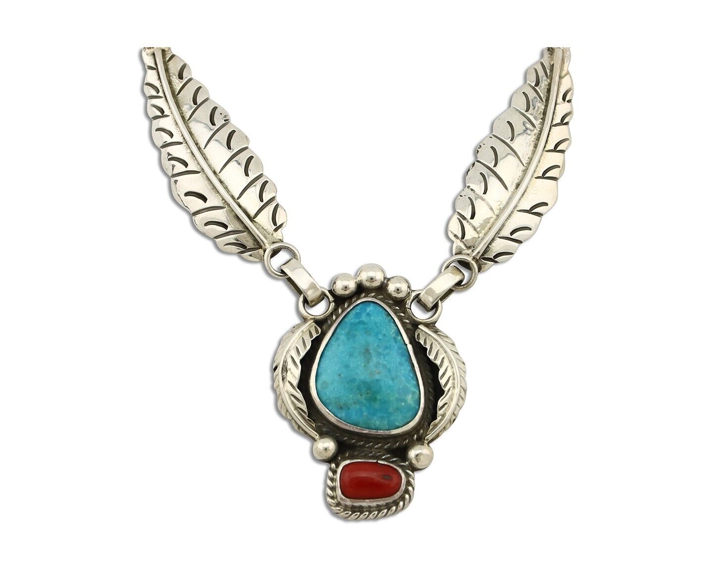 Navajo Necklace 925 Silver Turquoise & Coral Artist Signed Rabbit Stick C.2008