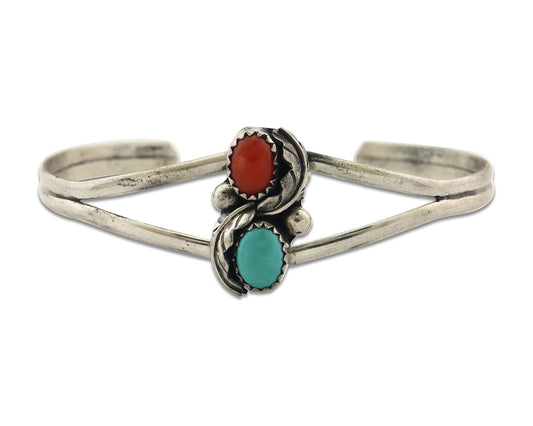 Vintage Navajo Bracelet 925 Silver Natural Red Coral Turquoise Handmade