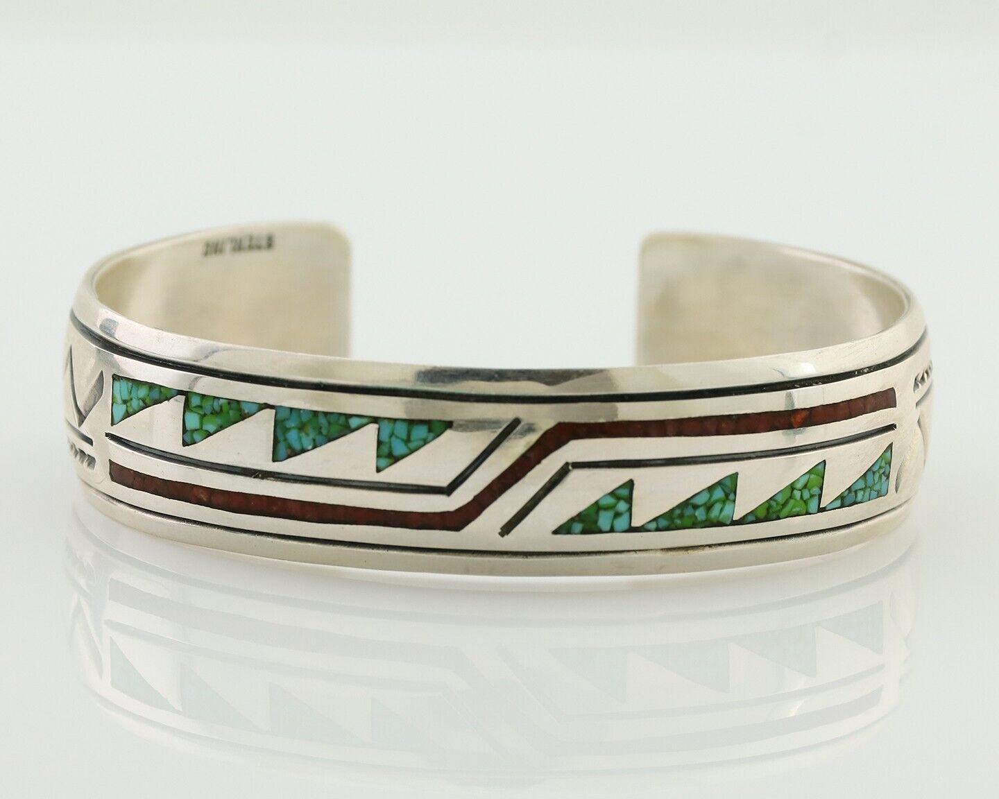 Navajo Inlay Bracelet 925 Silver Turquoise & Coral Signed Stanely Bain C.80's