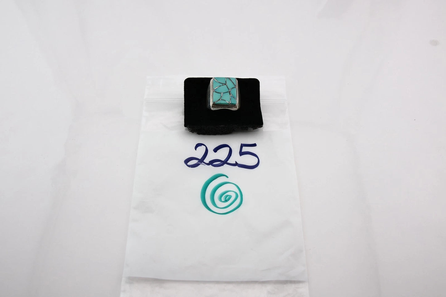 Men Zuni Ring Sterling Silver Natural Turquoise Vintage Signed ELB Size 12