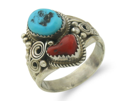 Men Navajo Ring 925 Sterling Natural Coral & Turquoise Signed JM C.80's Sz 12.5