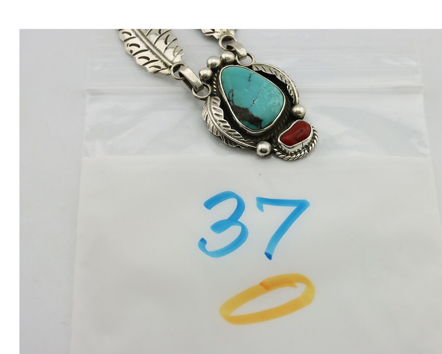 Navajo Necklace 925 Silver Turquoise & Coral Artist Signed Rabbit Stick C.2008