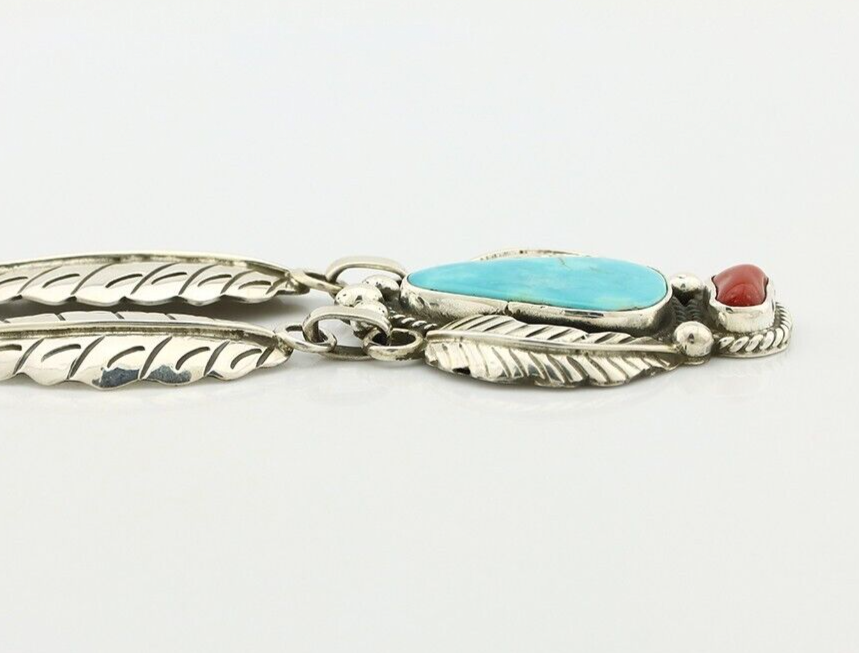 Navajo Necklace 925 Silver Turquoise & Coral Artist Signed Rabbit Stick C.2008