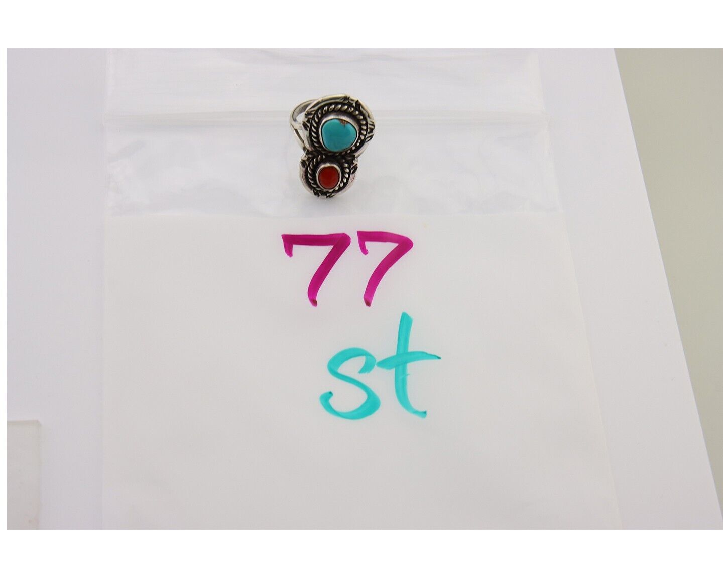 Navajo Ring 925 Silver Turquoise & Coral Native American Artist C.80's