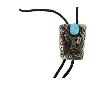 Navajo Bolo Tie .999 Nickel Coral & Turquoise Artist Signed BENNETT C.80's