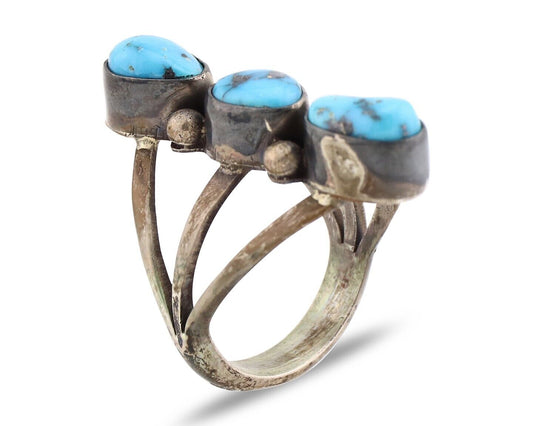 Navajo 3 Stone Ring 925 Silver Blue Turquoise Native American Artist C.80's