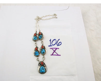 Navajo Necklace Sterling Authentic Turquoise & Coral Signed Justin Morris