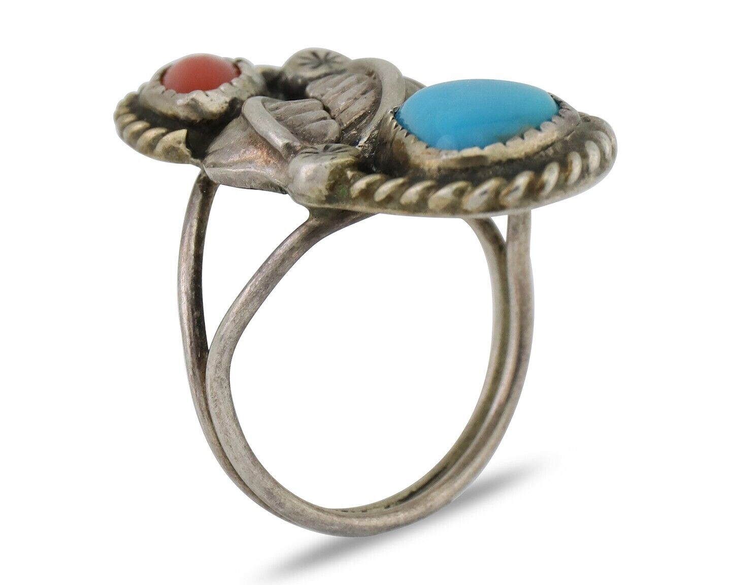 Navajo Handmade Ring 925 Silver Blue Turquoise & Coral Size 8.75 C.80's