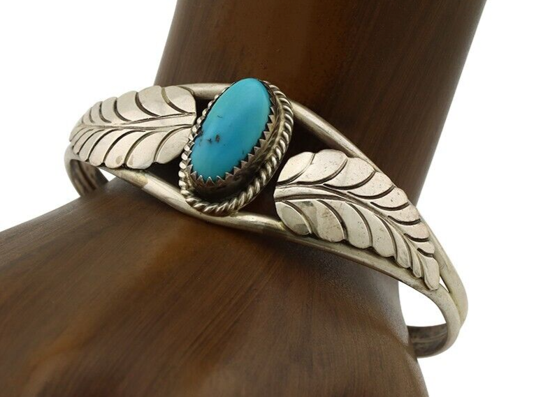Navajo Handmade Bracelet 925 Silver Natural Blue Turquoise Artist Signed E C.80s