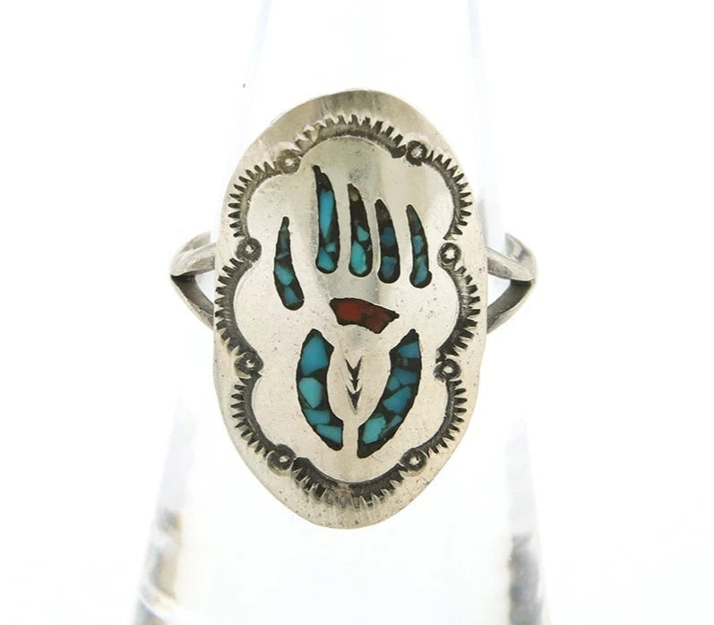 Navajo Bagger Paw Ring Sterling Silver Natural Gemstone Vintage Size 5.5