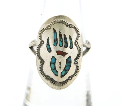 Navajo Bagger Paw Ring Sterling Silver Natural Gemstone Vintage Size 5.5