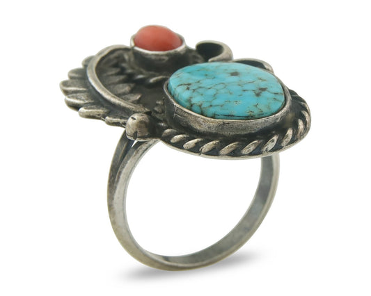 Navajo Ring 925 Sterling Turquoise & Coral Native Artist C.80's Size 7.5