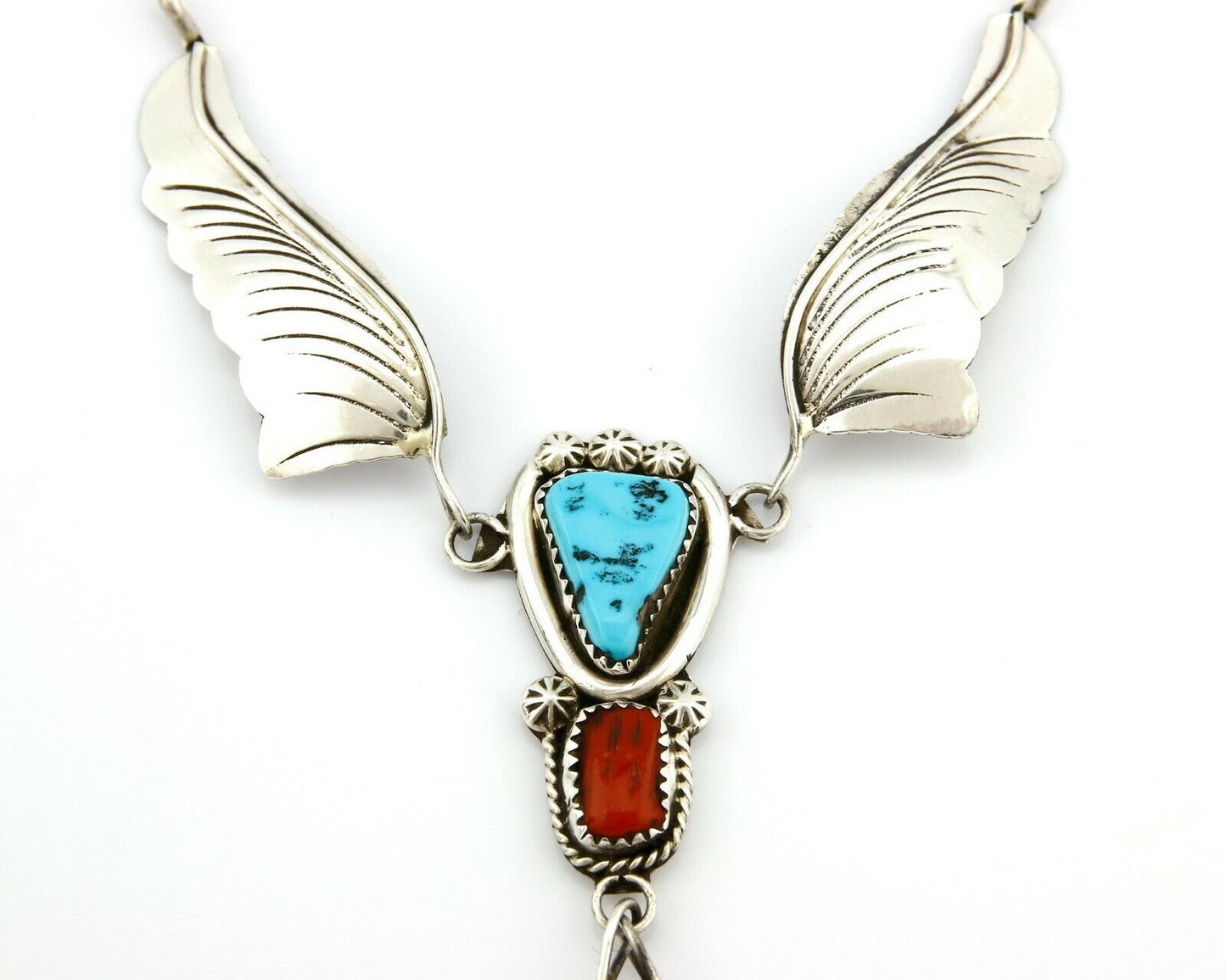 Navajo Arnold Malorey .925 Silver Turquoise & Coral Feather Necklace