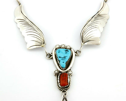 Navajo Arnold Malorey .925 Silver Turquoise & Coral Feather Necklace