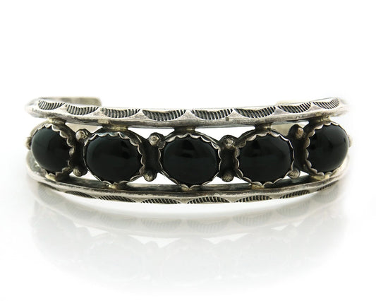 Navajo Cuff Bracelet 925 Sterling Silver Onyx Vintage Signed H Spencer