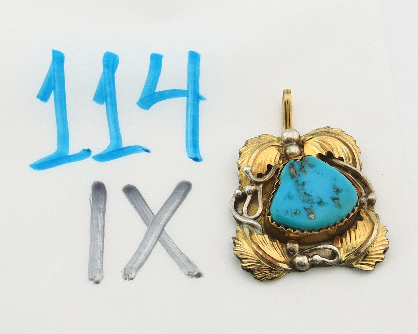 Navajo Pendant Sterling Silver & Gold Natural Blue Turquoise Signed Virgnina C