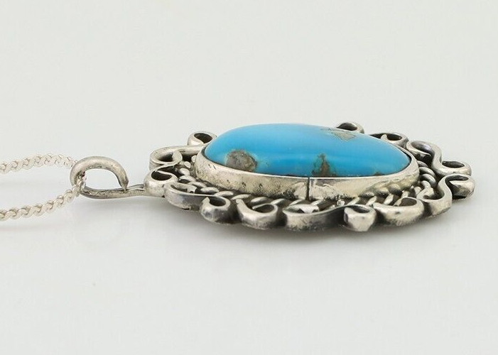 Navajo Necklace Pendant 925 Silver Turquoise Artist Signed JH C.80's