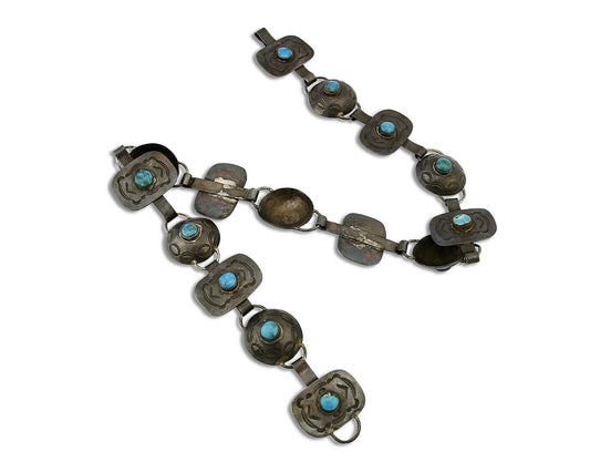 Navajo Old Pawn Concho Belt .925 Silver Natural Turquoise C.1940's