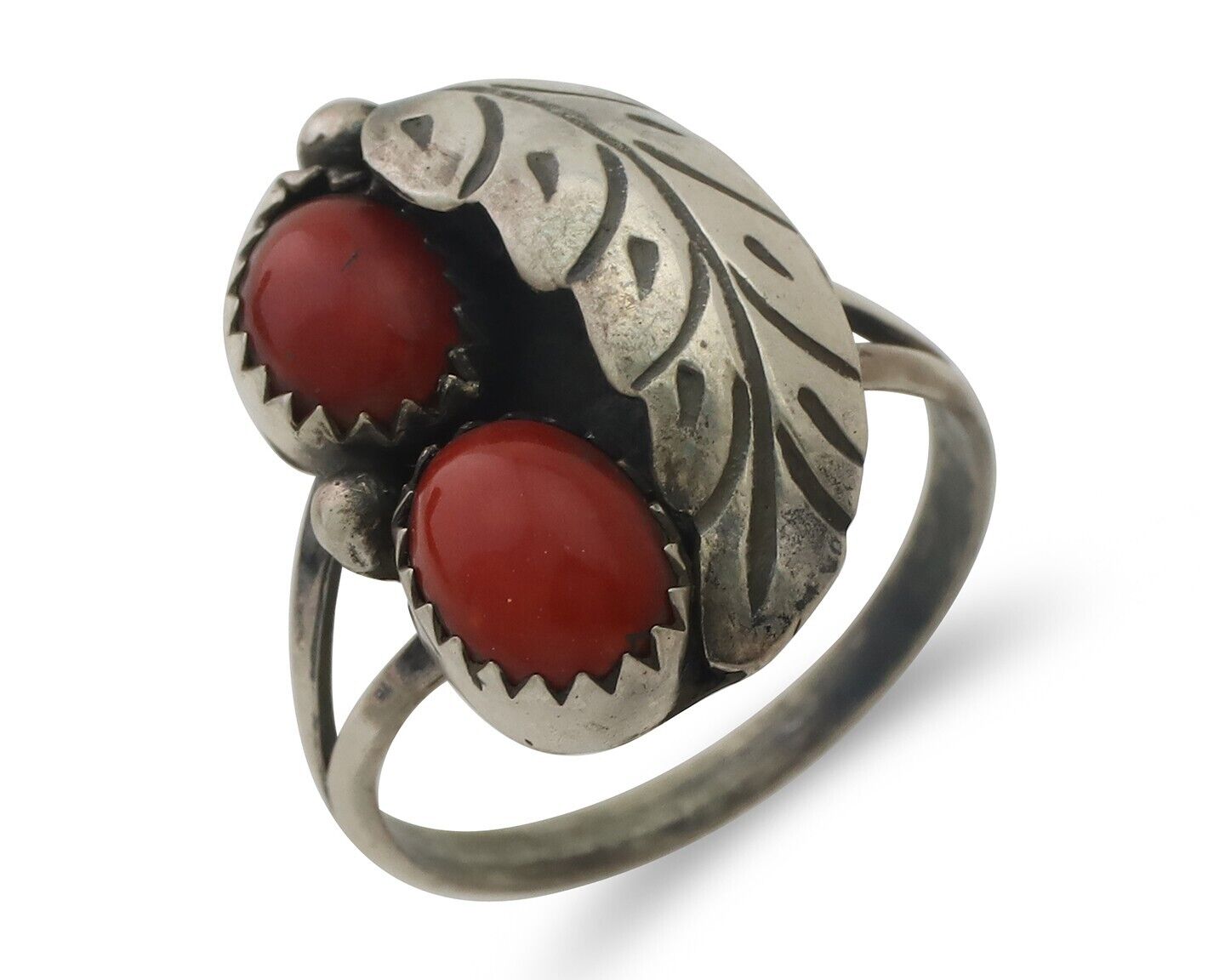 Navajo Handmade Ring 925 Silver Natural Mediterranean Coral Signed 88 C.80's