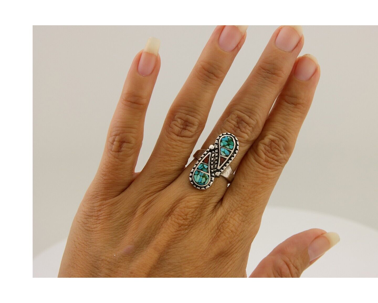 Navajo Ring 925 Silver Chip Inlay Turquoise & Coral Native Artist C.80's