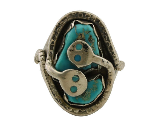 Mens Heavy Zuni Snake Ring 925 Silver Turquoise Signed EFFIE CALAVASA C.80's