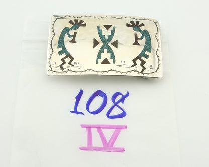 Vintage Navajo Belt Buckle 925 Silver Handmade Inlaid Gemstone Signed HB