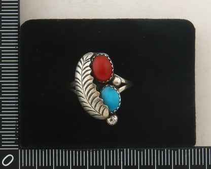 Navajo Ring 925 Sterling Natural Coral & Turquoise Signed BB C.80's Size 6.5