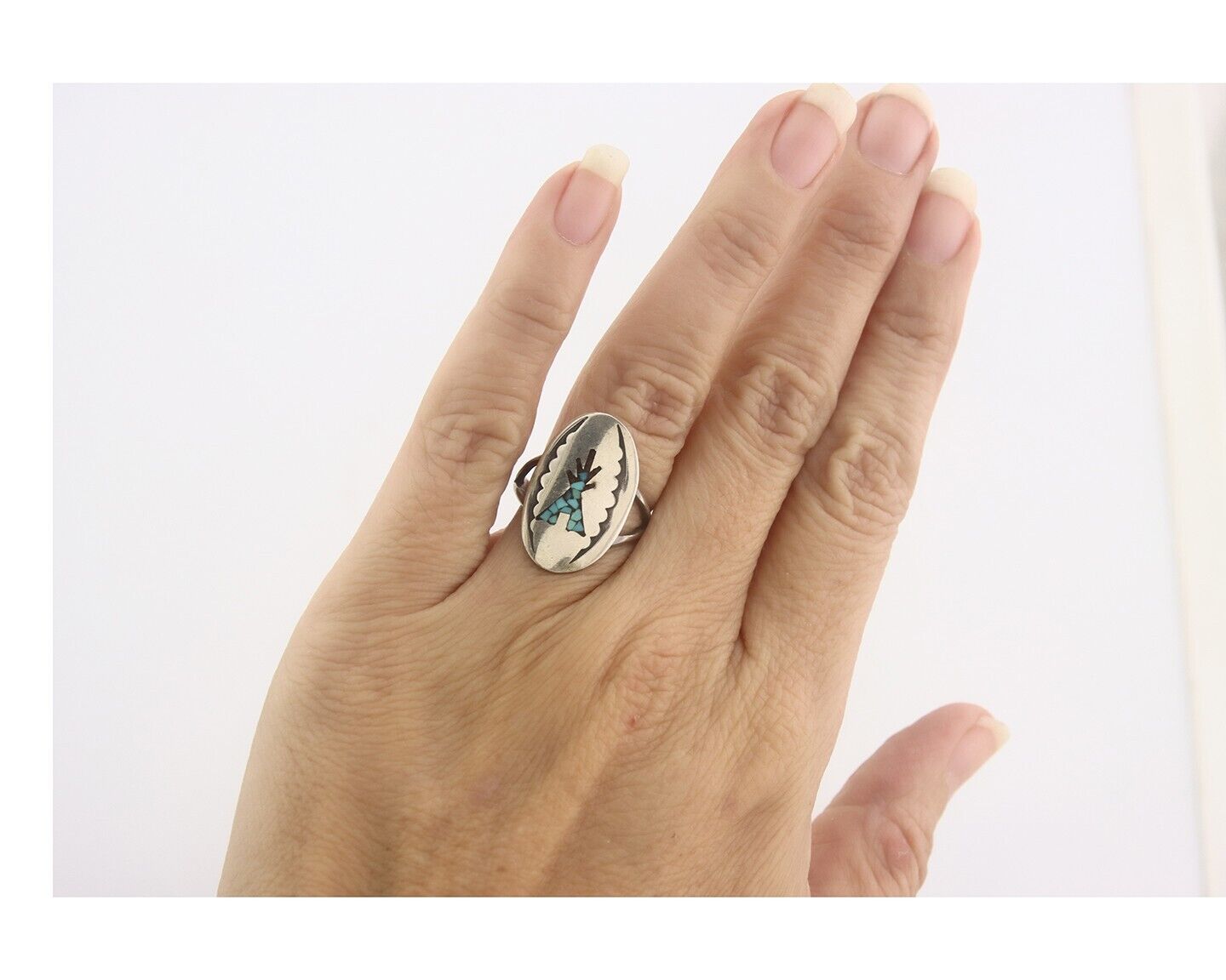 Navajo Ring 925 Sterling Natural Chip Inlay Coral & Turquoise C.80's Size 5.0