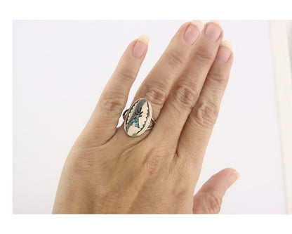 Navajo Ring 925 Sterling Natural Chip Inlay Coral & Turquoise C.80's Size 5.0
