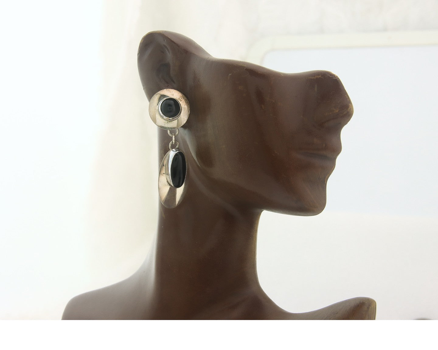 Navajo Earrings Sterling Silver Natural Onyx Dangle Vintage Handmade