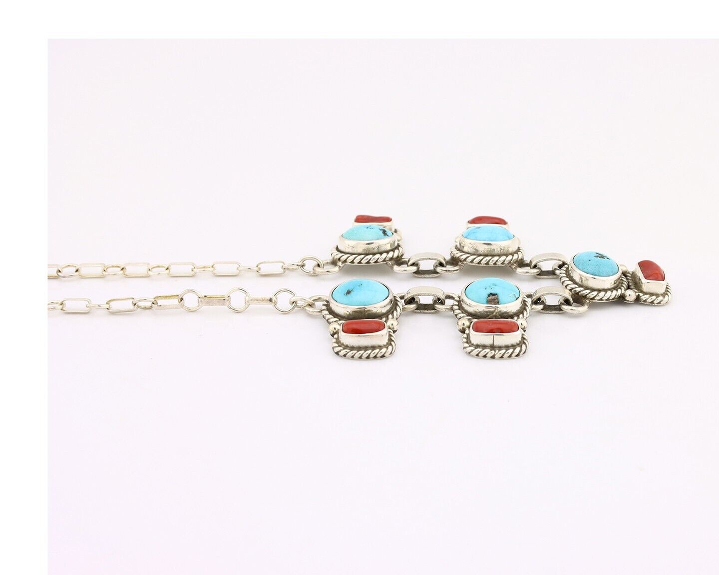 Navajo Necklace 925 Silver Natural Blue Turquoise & Coral Native American C80s