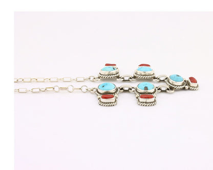 Navajo Necklace 925 Silver Natural Blue Turquoise & Coral Native American C80s