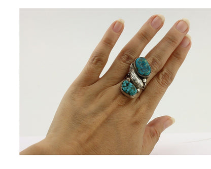 Navajo 2 Stone Ring 925 Silver Seafoam Turquoise Native American Artist C.80's