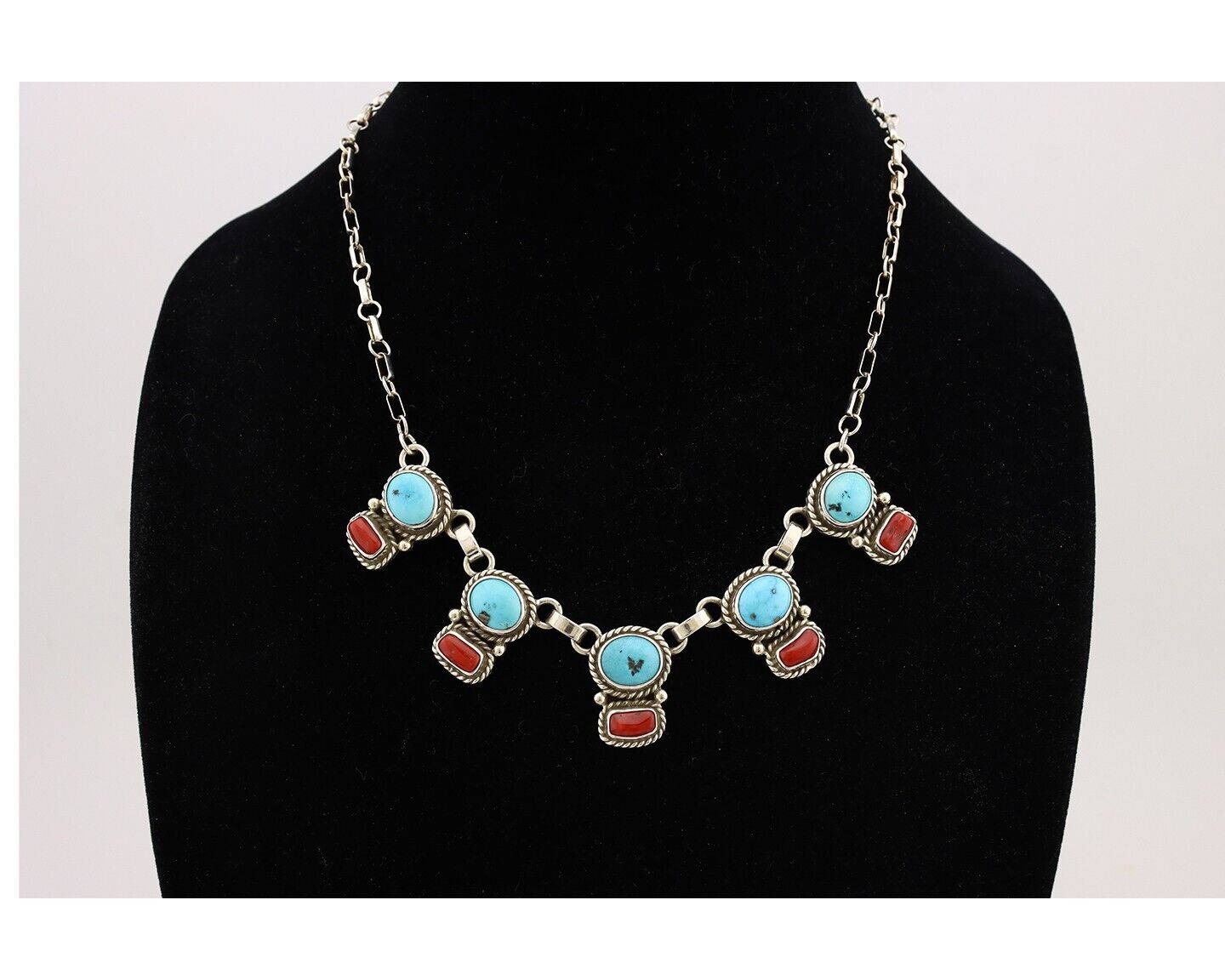 Navajo Necklace 925 Silver Natural Blue Turquoise & Coral Native American C80s