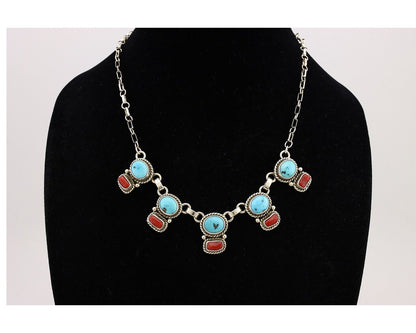 Navajo Necklace 925 Silver Natural Blue Turquoise & Coral Native American C80s